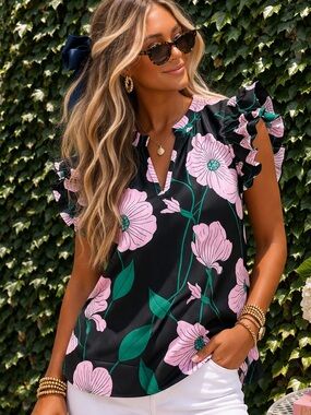 JODIFL Black/Blue Floral Print Ruffle Blouse, L